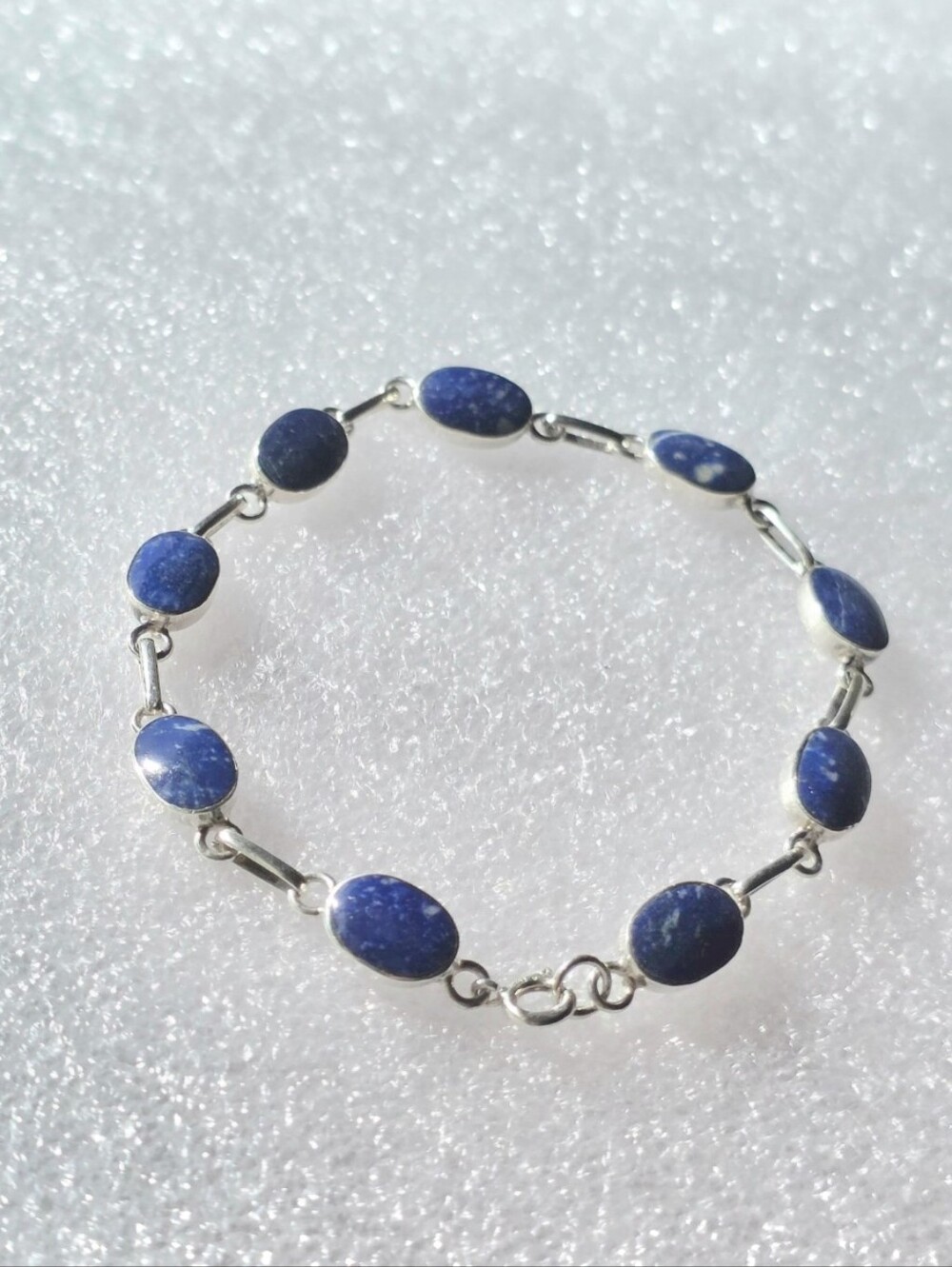 Sterling Silver Vintage 7.5" Lapis Lazuli Oval Link Bracelet - Blue